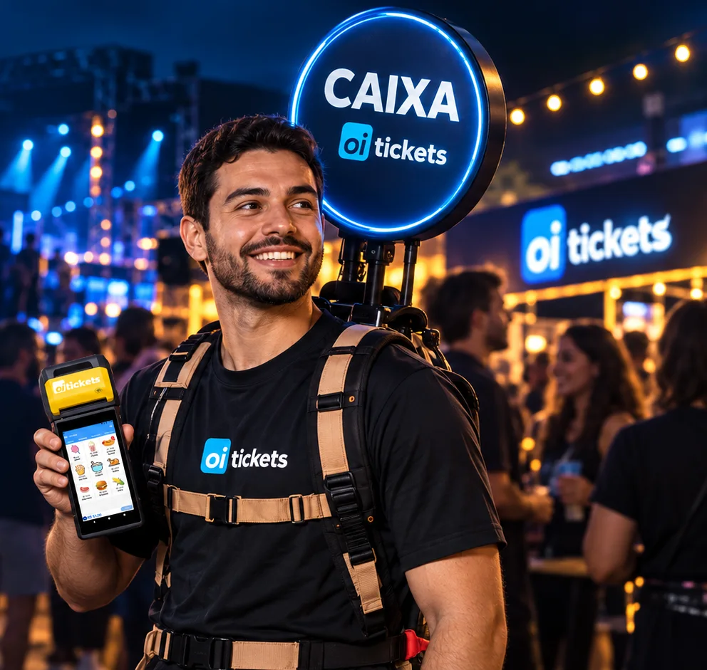 Garçom com mochila CAIXA e maquininha Oi Tickets em evento