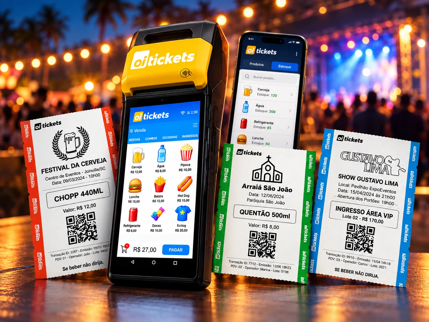 Maquininha de fichas Oi Tickets para locação em eventos, com fichas personalizadas