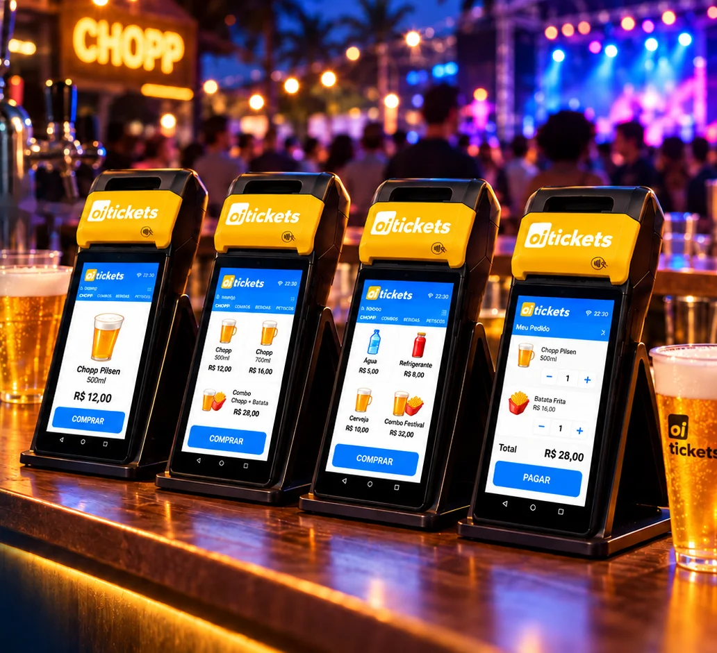 Mini-totens Oi Tickets de autoatendimento na bancada do bar